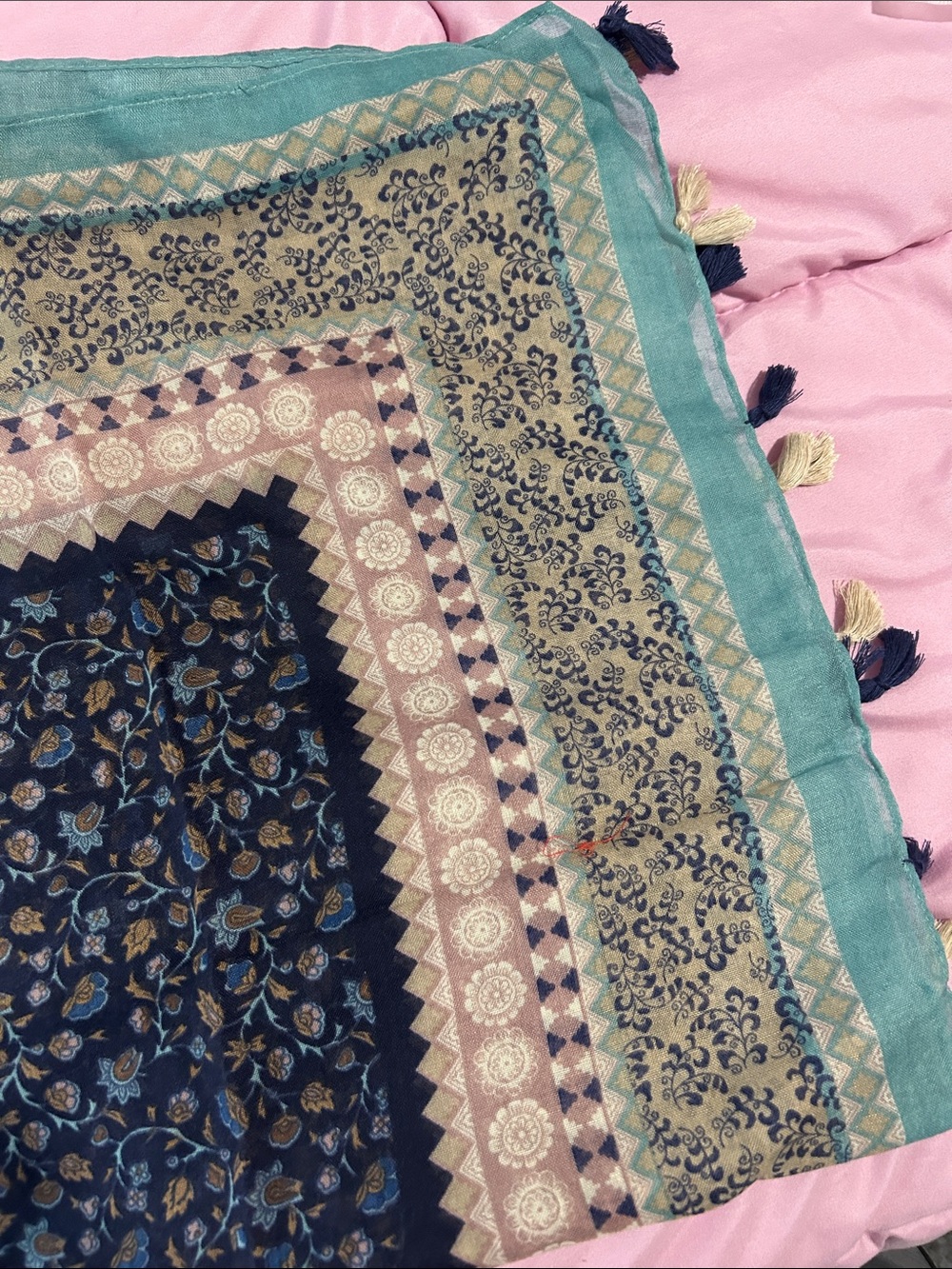 Handblock Floral Cotton scarf in Teal and Navy with tassels NWOT